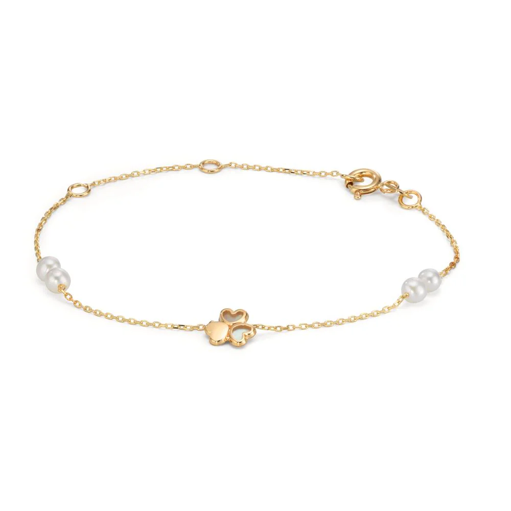 Bracciale Oro giallo 585/14 kt Perla coltivata d'acqua dolce, 4 Perla 3-3.5 mm Trifoglio 12-16 cm