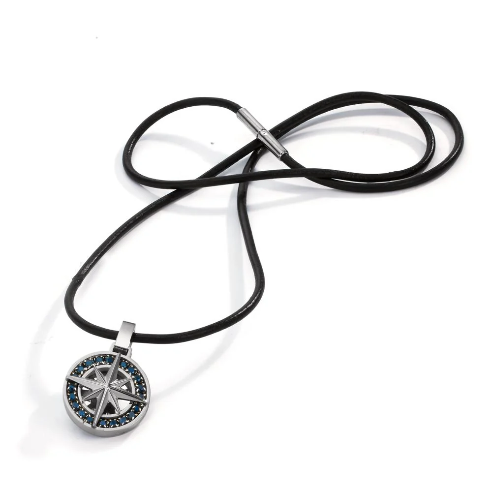 Catena con ciondolo Acciaio inossidabile, Pelle Zirconia nero Bussola 50 cm Ø18 mm - Image 3