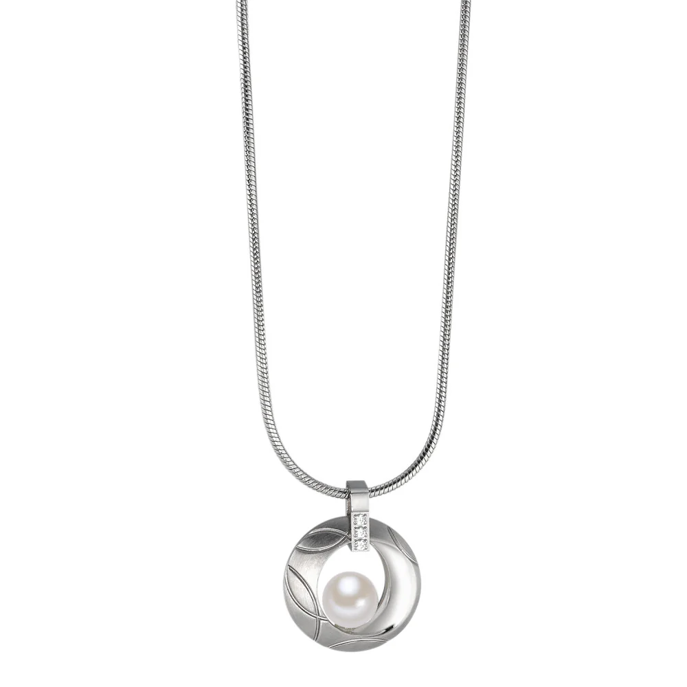Catena con ciondolo Acciaio inossidabile Zirconia Perla coltivata d'acqua dolce bianco, 6.5 mm 42 cm