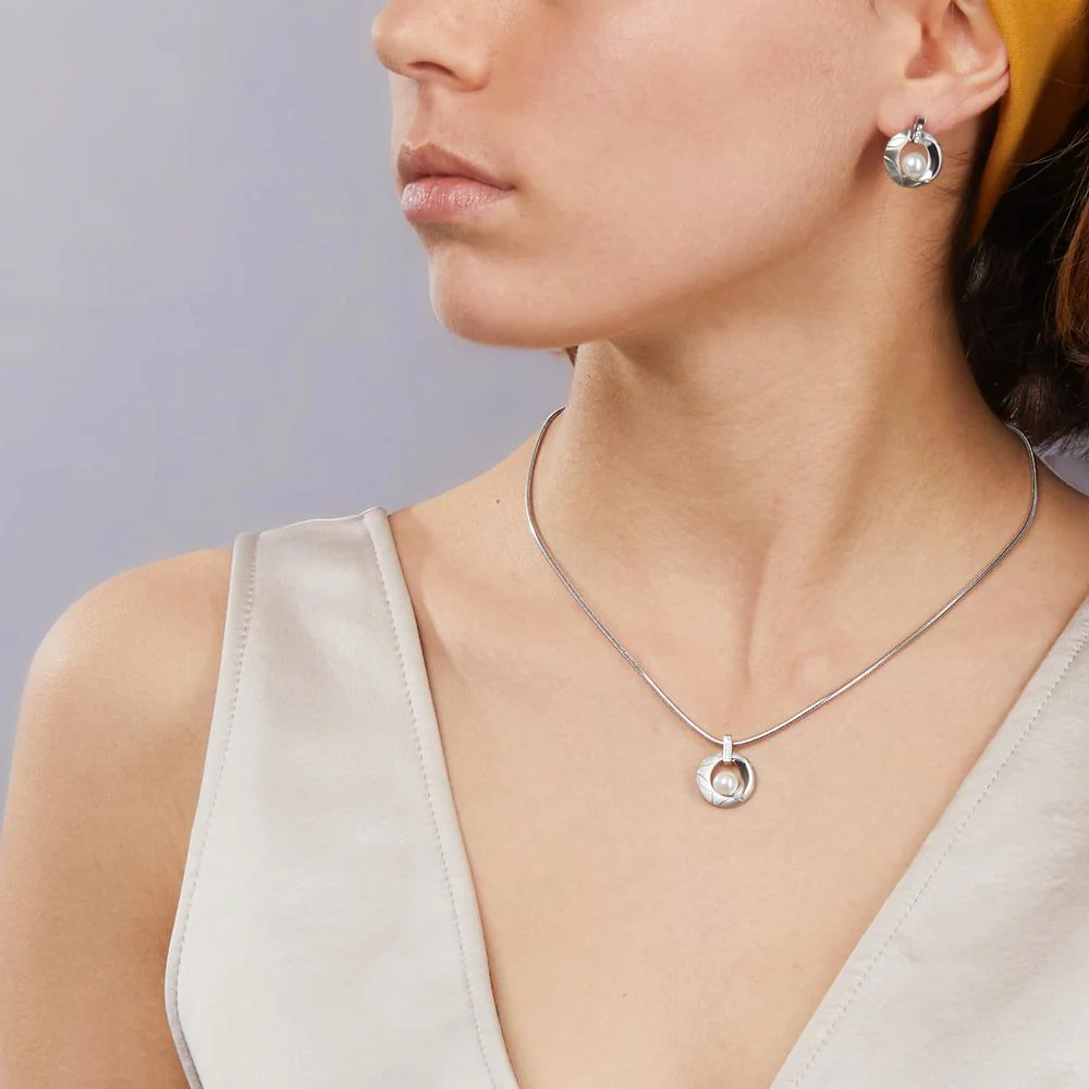 Catena con ciondolo Acciaio inossidabile Zirconia Perla coltivata d'acqua dolce bianco, 6.5 mm 42 cm - Image 5