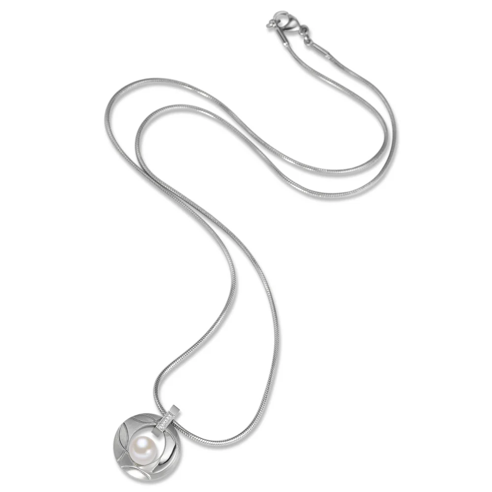 Catena con ciondolo Acciaio inossidabile Zirconia Perla coltivata d'acqua dolce bianco, 6.5 mm 42 cm - Image 6