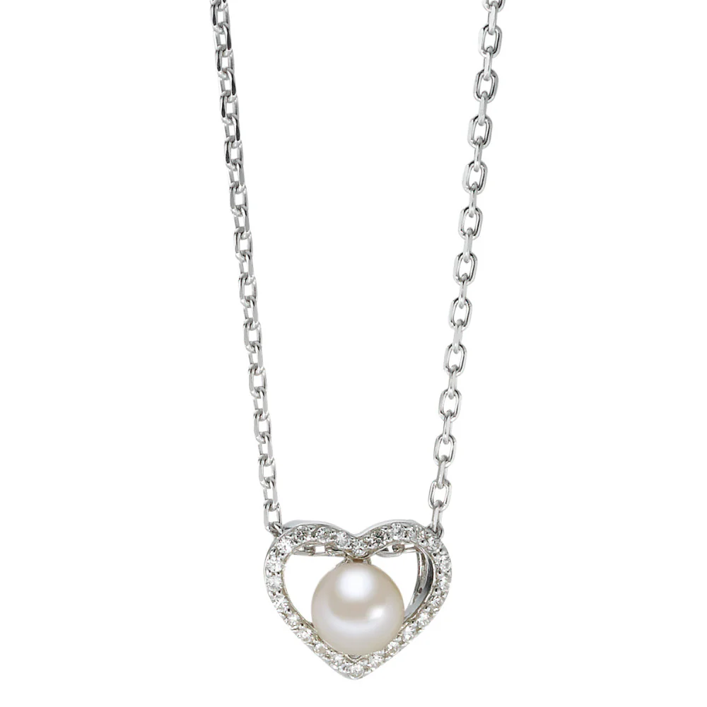 Catena con ciondolo Argento Zirconia 25 pietra rodiato Perla coltivata d'acqua dolce bianco, 5.5 mm Cuore 40-42 cm Ø10 mm