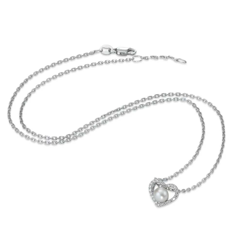 Catena con ciondolo Argento Zirconia 25 pietra rodiato Perla coltivata d'acqua dolce bianco, 5.5 mm Cuore 40-42 cm Ø10 mm - Image 2