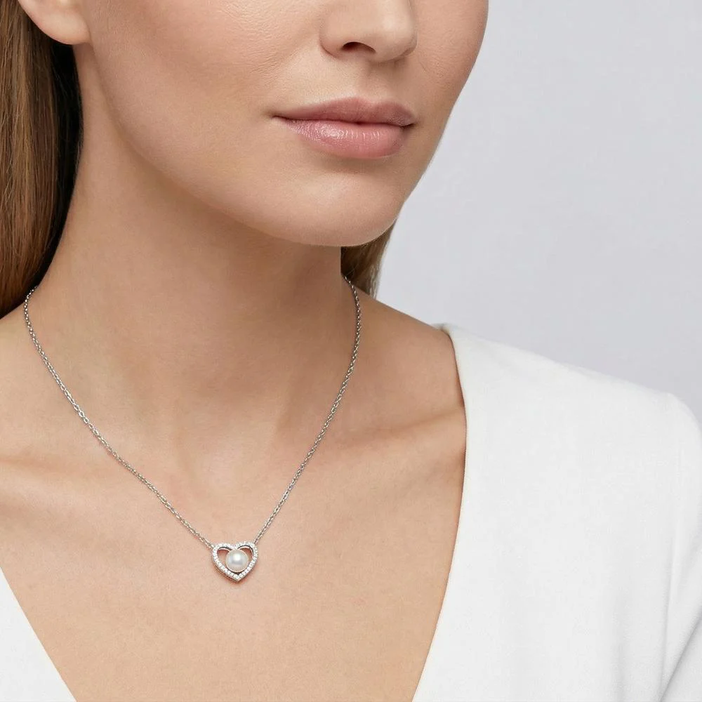Catena con ciondolo Argento Zirconia 25 pietra rodiato Perla coltivata d'acqua dolce bianco, 5.5 mm Cuore 40-42 cm Ø10 mm - Image 3