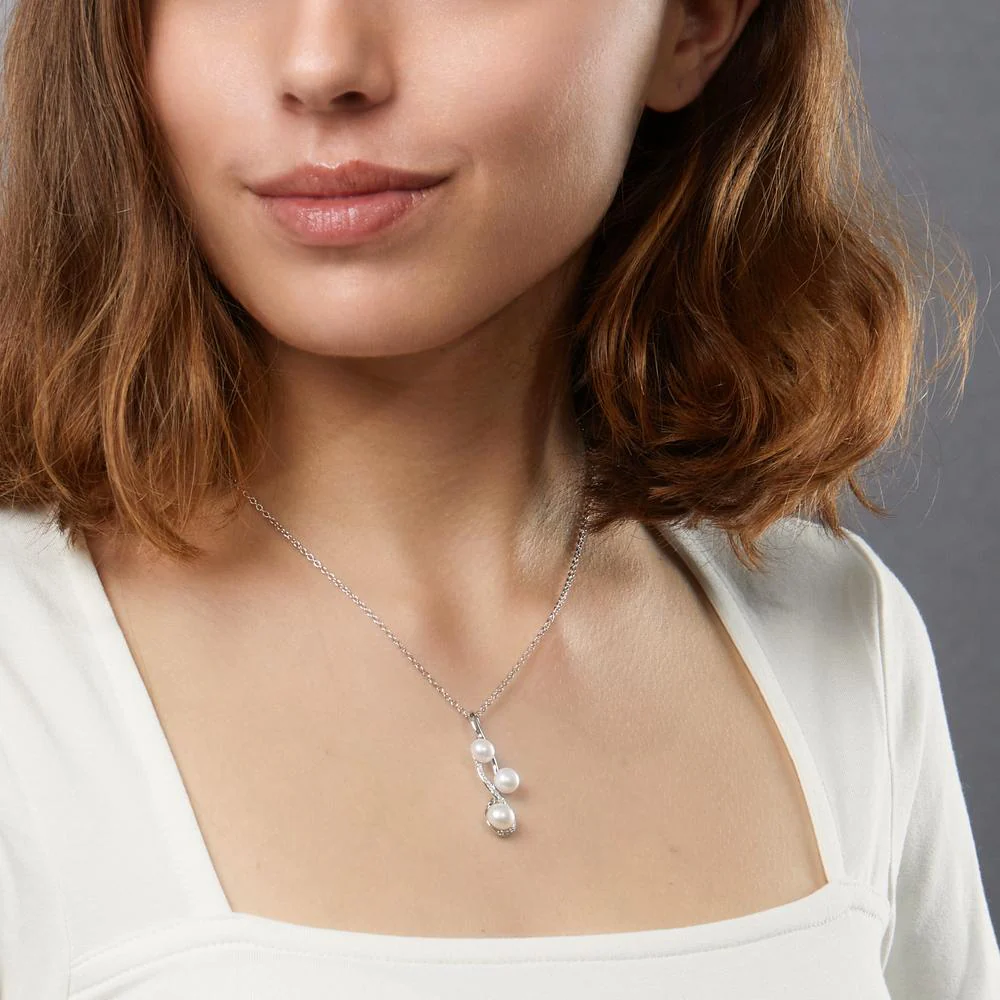 Catena con ciondolo Argento Zirconia Perla coltivata d'acqua dolce bianco, 3 Perla 45 cm - Image 7