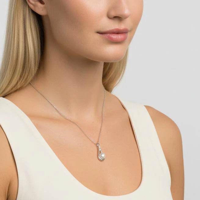 Ciondolo Argento Zirconia 2 pietra rodiato Perla coltivata d'acqua dolce, 2 Perla, 7.5 mm - Image 3