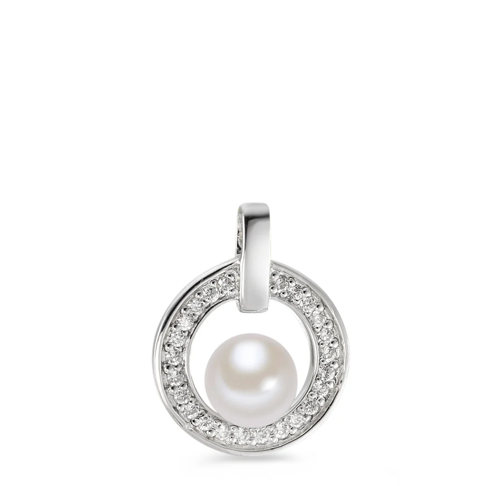 Ciondolo Argento Zirconia rodiato Perla coltivata d'acqua dolce bianco 6.5-7 mm Ø15 mm