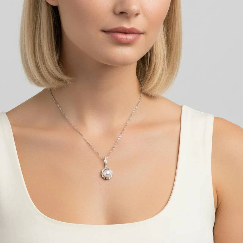 Ciondolo Argento Zirconia rodiato Perla coltivata d'acqua dolce [Oval], 7.5 mm Ø10 mm - Image 3