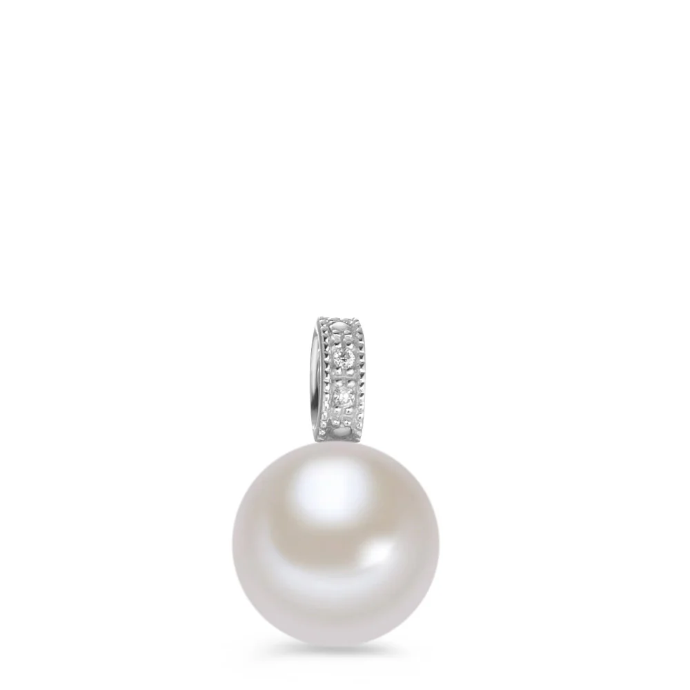 Ciondolo Oro bianco 375/9K Diamante bianco, 0.01 ct, 3 pietra, [Brillant], p1 Perla coltivata d'acqua dolce bianco 9.5-10 mm