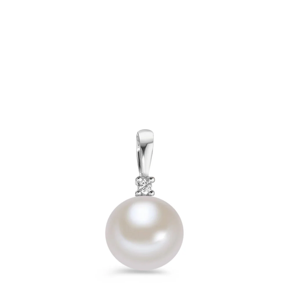 Ciondolo Oro bianco 375/9K Diamante bianco, 0.02 ct, [Brillant], p1 Perla coltivata d'acqua dolce bianco 8.5-9 mm