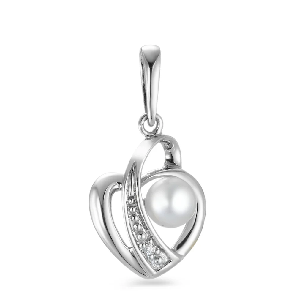 Ciondolo Oro bianco 750/18 carati Diamante 0.005 ct, w-si Perla coltivata d'acqua dolce bianco 4-4.5 mm Cuore