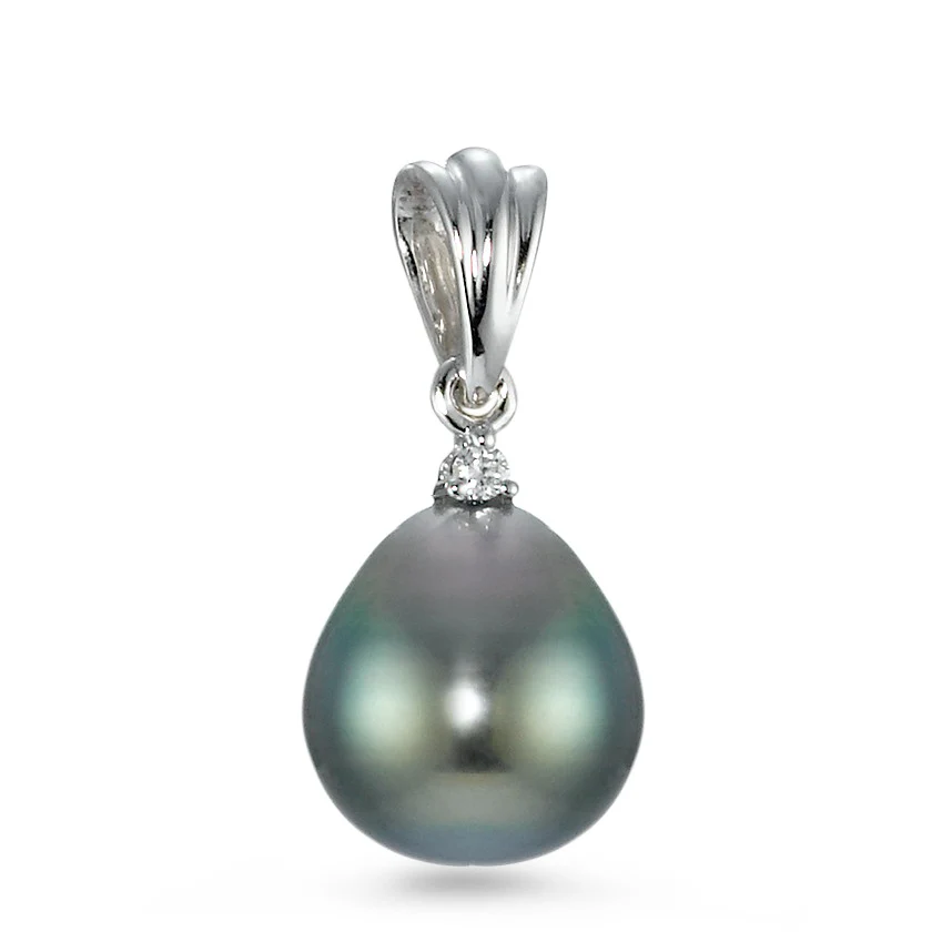 Ciondolo Oro bianco 750/18 carati Diamante 0.01 ct, w-si Perla di Tahiti Grigio, 9 mm