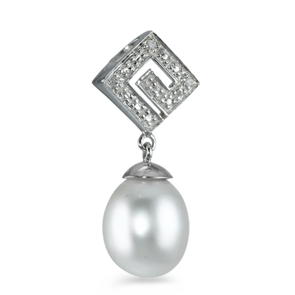 Ciondolo Oro bianco 750/18 carati Diamante 0.012 ct, 3 pietra, w-si Perla coltivata d'acqua dolce bianco