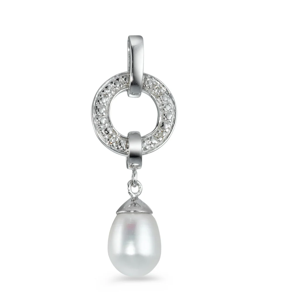 Ciondolo Oro bianco 750/18 carati Diamante 0.012 ct, 4 pietra, w-pi1 Perla coltivata d'acqua dolce bianco