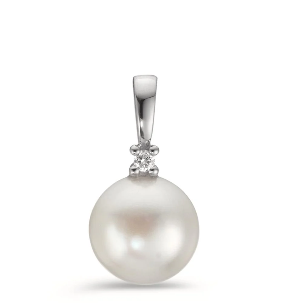 Ciondolo Oro bianco 750/18 carati Diamante 0.02 ct, w-pi1 Perla coltivata d'acqua dolce bianco, 8.5 mm
