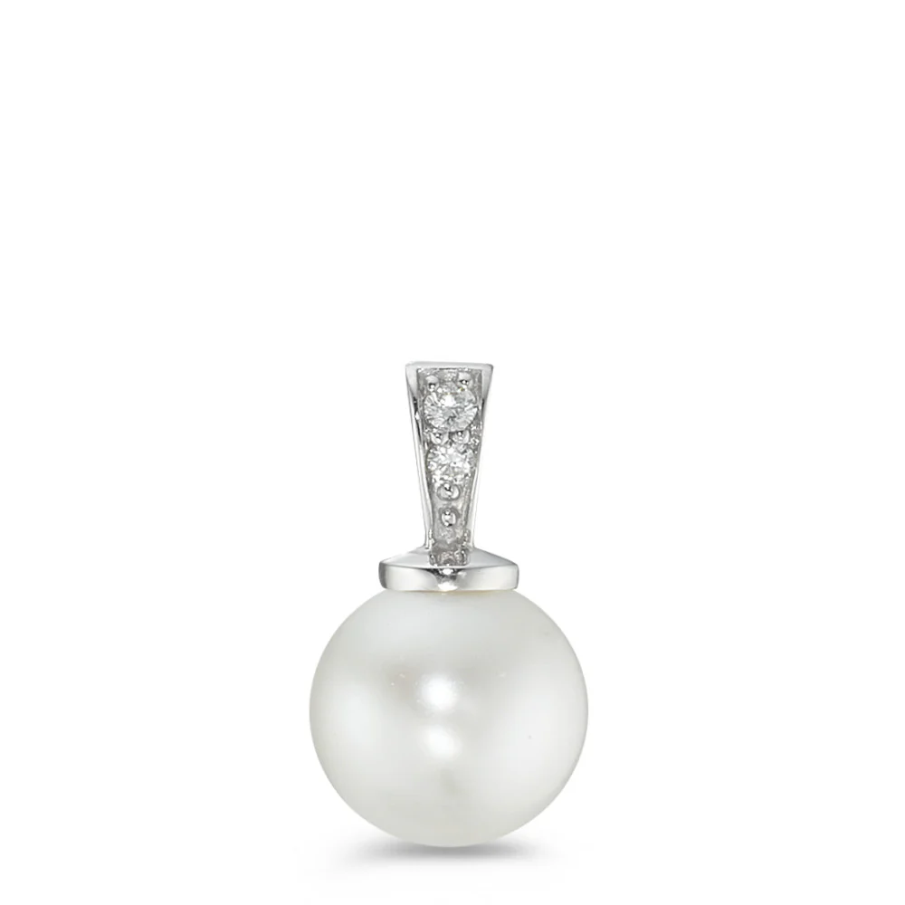 Ciondolo Oro bianco 750/18 carati Diamante 0.025 ct, 2 pietra, w-si Perla coltivata d'acqua dolce bianco, 8 mm