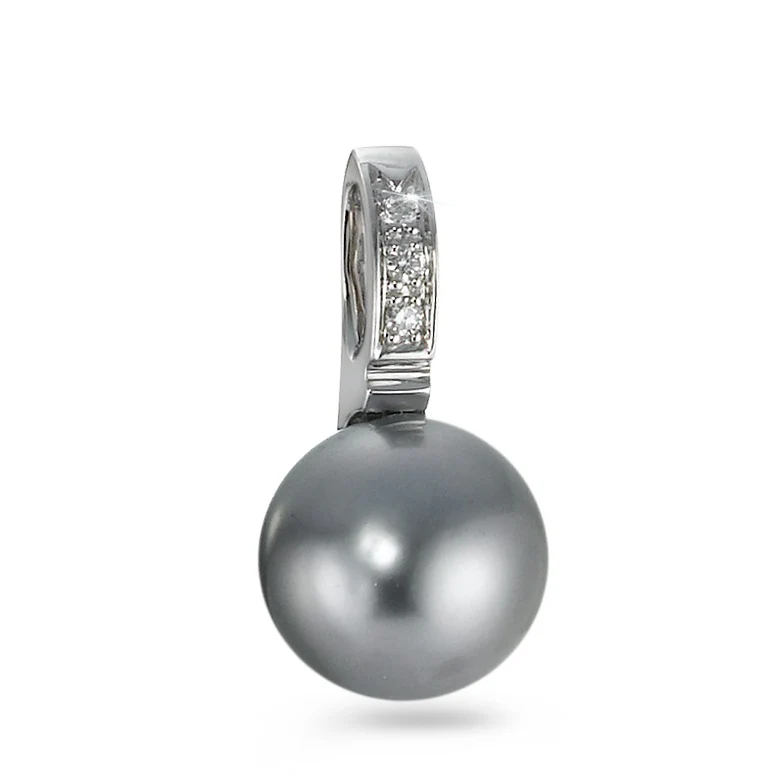 Ciondolo Oro bianco 750/18 carati Diamante 0.03 ct, 3 pietra, w-si Perla di Tahiti Grigio, 9 mm