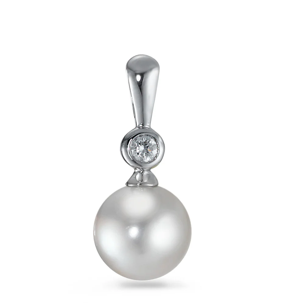 Ciondolo Oro bianco 750/18 carati Diamante 0.035 ct, w-si Perla coltivata d'acqua dolce bianco, 8 mm