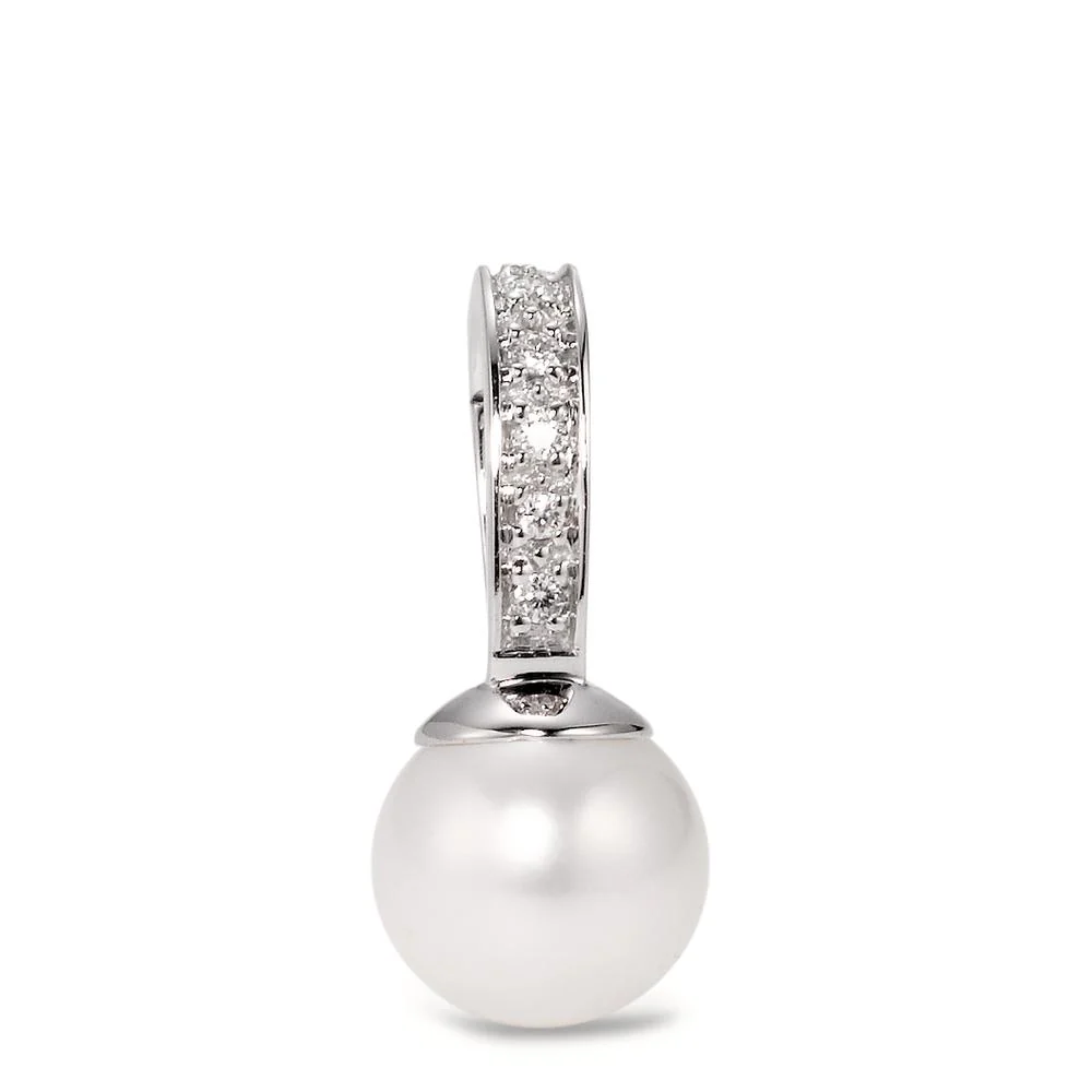 Ciondolo Oro bianco 750/18 carati Diamante 0.04 ct, 6 pietra, w-si Perla coltivata d'acqua dolce, 8 mm