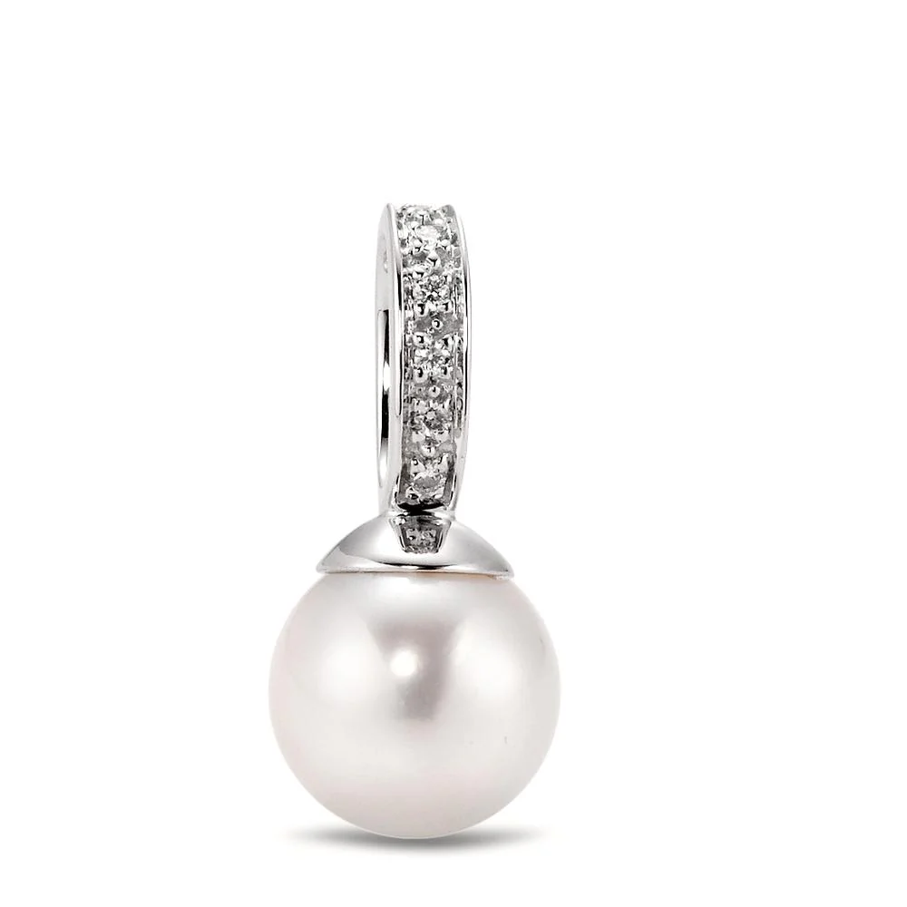 Ciondolo Oro bianco 750/18 carati Diamante 0.04 ct, 6 pietra, w-si Perla coltivata d'acqua dolce, 9 mm