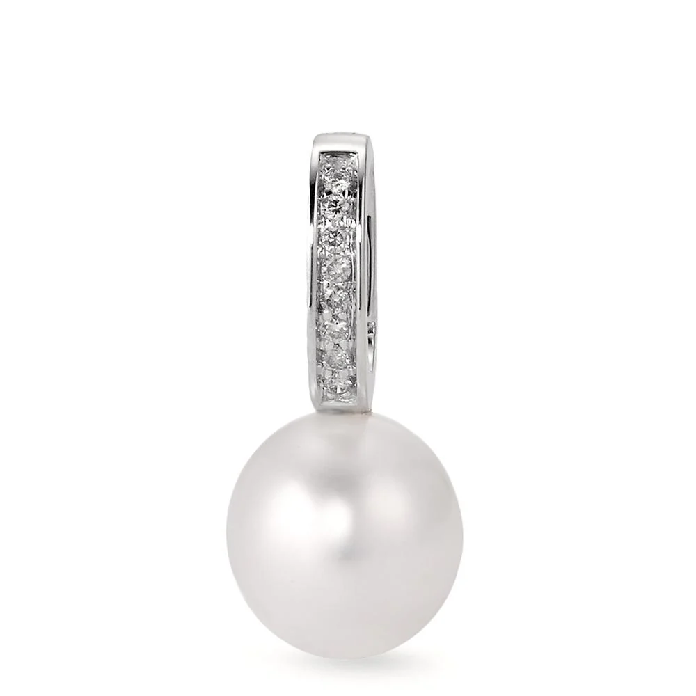 Ciondolo Oro bianco 750/18 carati Diamante 0.04 ct, w-si Perla coltivata d'acqua dolce bianco, 9 mm