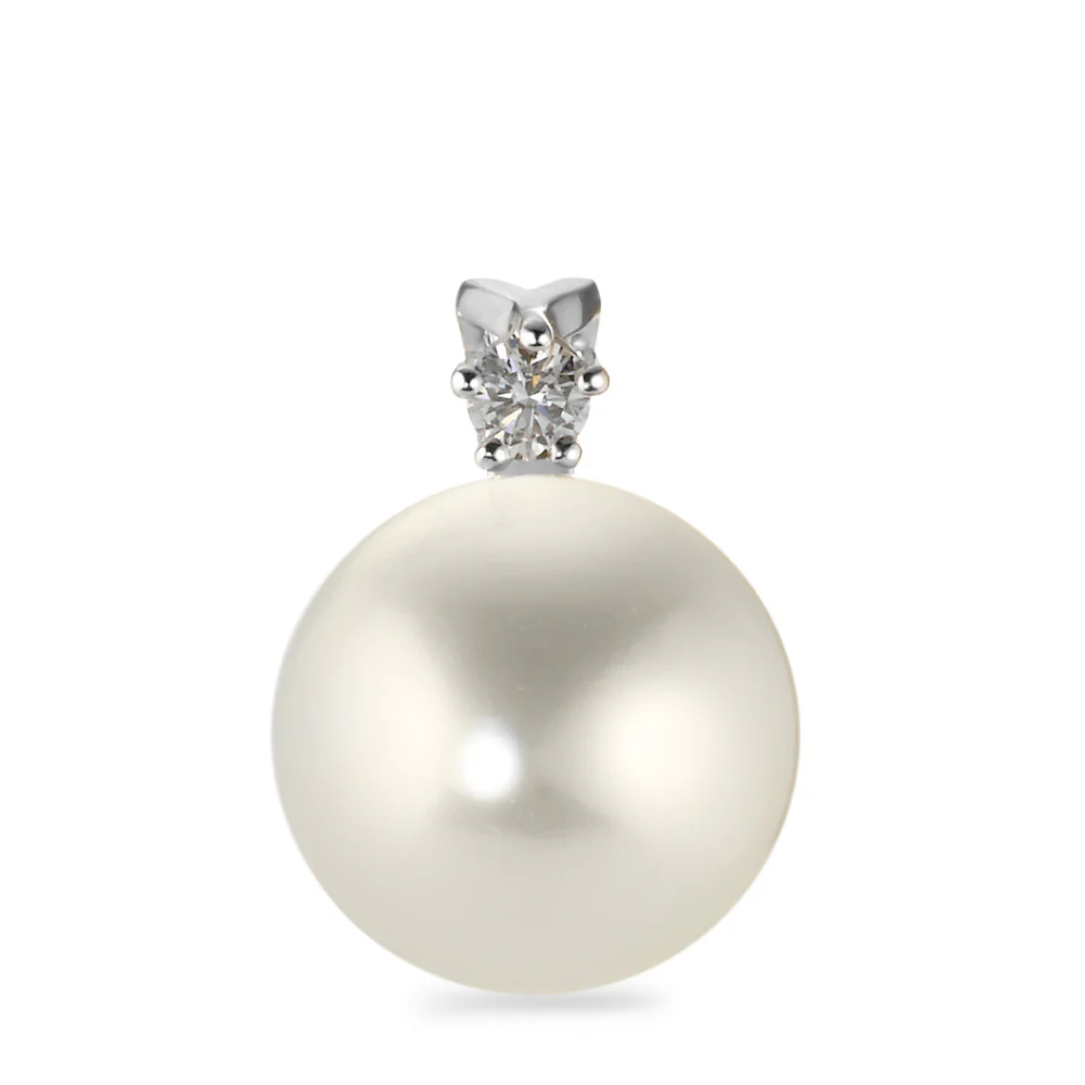 Ciondolo Oro bianco 750/18 carati Diamante 0.05 ct, w-si Perla coltivata d'acqua dolce, 10 mm