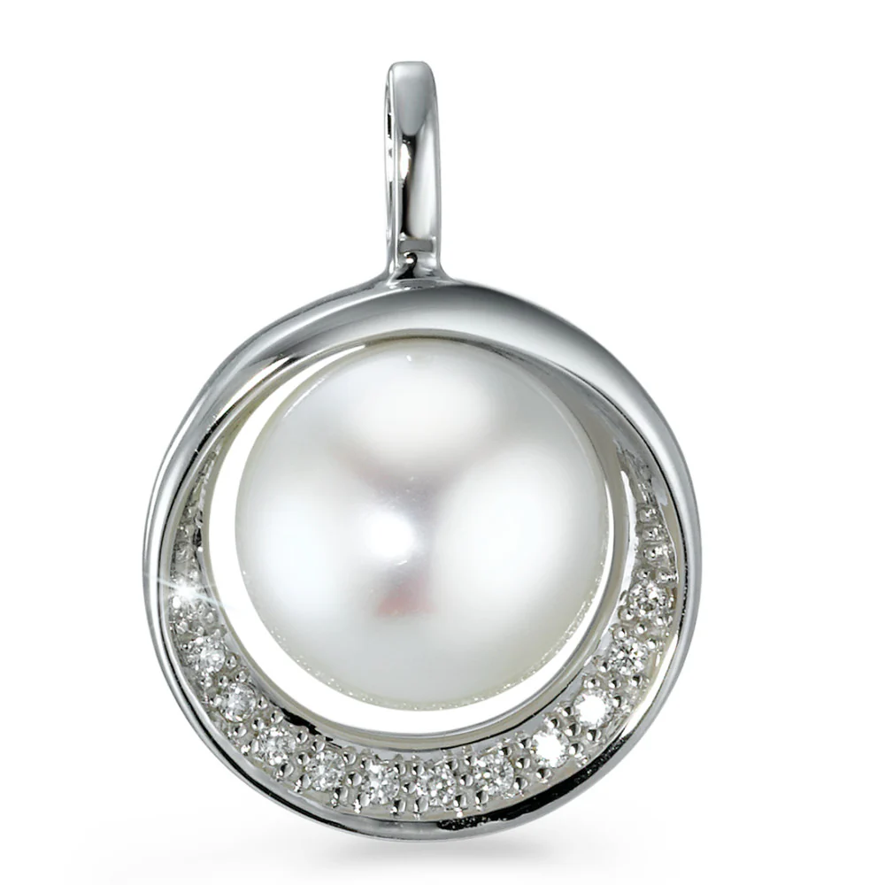 Ciondolo Oro bianco 750/18 carati Diamante 0.06 ct, 12 pietra, [Brillant], w-si Perla coltivata d'acqua dolce 9.5-10 mm Ø15 mm
