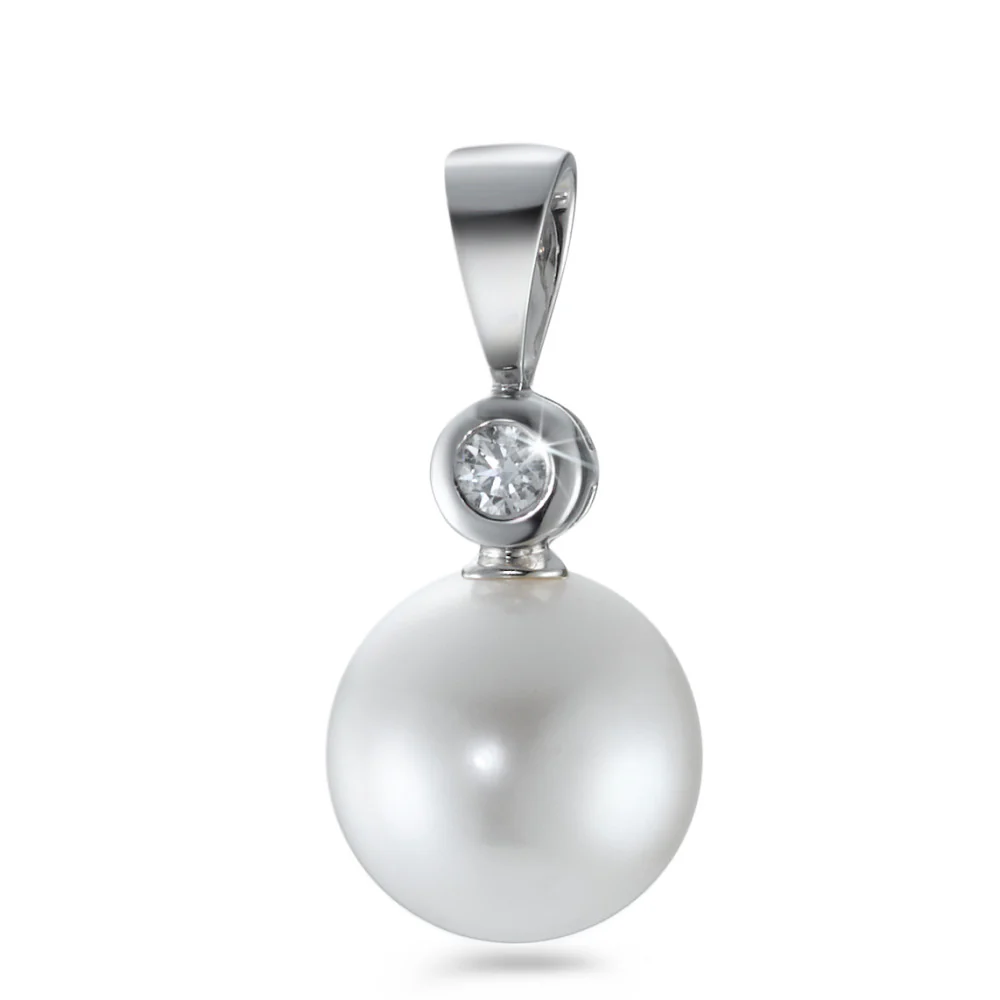 Ciondolo Oro bianco 750/18 carati Diamante 0.06 ct, w-si Perla coltivata d'acqua dolce, 10 mm