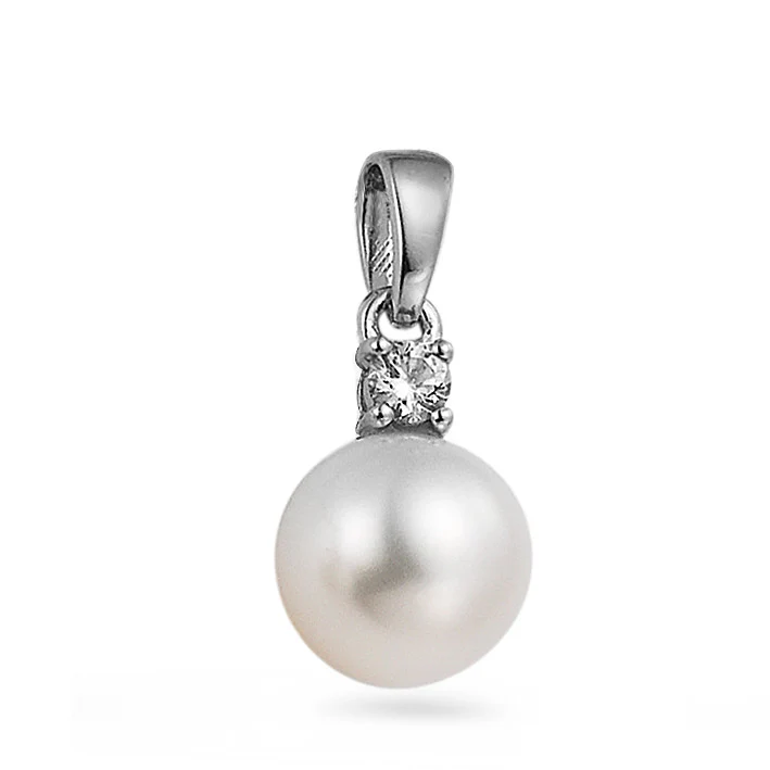 Ciondolo Oro bianco 750/18 carati Diamante 0.07 ct, w-si Perla coltivata d'acqua dolce, 8 mm