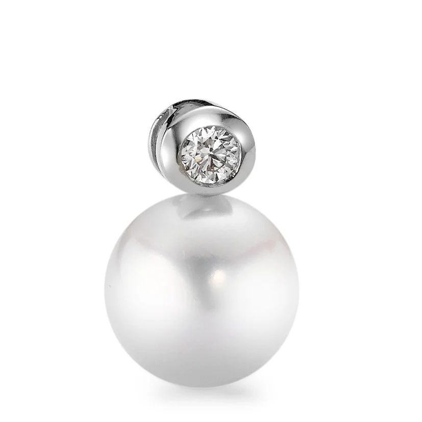 Ciondolo Oro bianco 750/18 carati Diamante 0.10 ct, w-si Perla coltivata d'acqua dolce bianco 10-11 mm