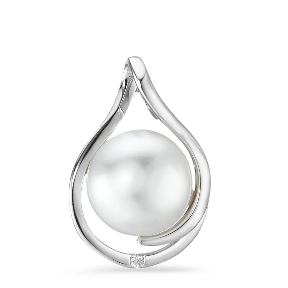 Ciondolo Oro bianco 750/18 carati Diamante bianco, 0.01 ct, [Brillant], w-si Perla coltivata d'acqua dolce bianco, 9.5 mm