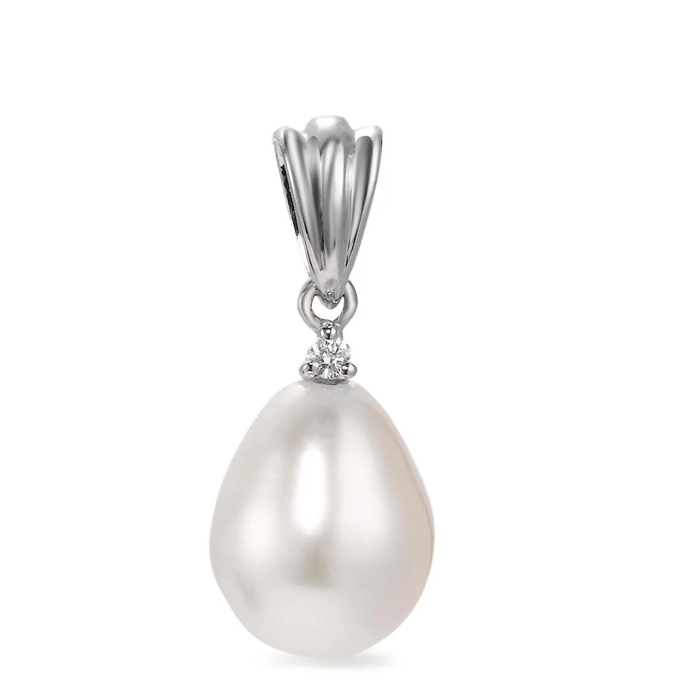 Ciondolo Oro bianco 750/18 carati Diamante bianco, 0.015 ct, si Perla coltivata d'acqua dolce bianco, 8.5 mm