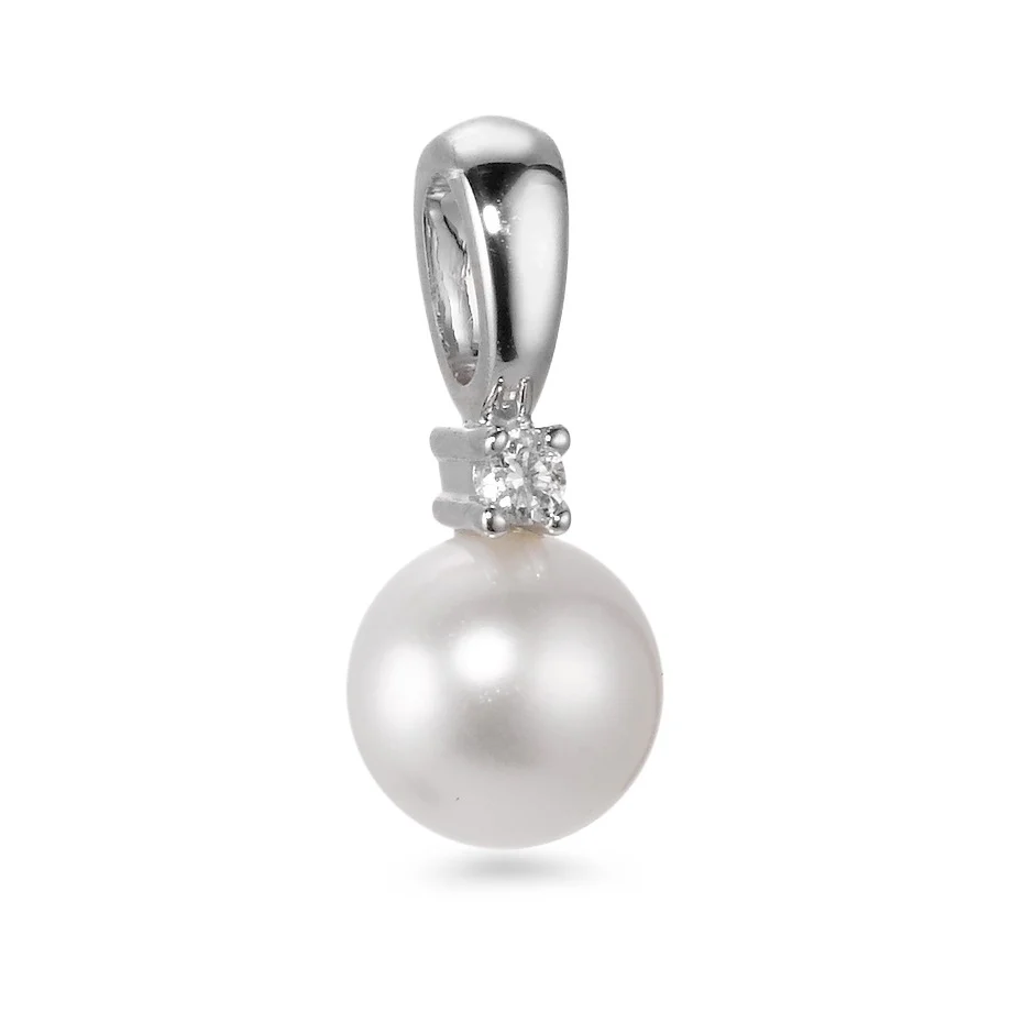 Ciondolo Oro bianco 750/18 carati Diamante bianco, 0.025 ct, [Brillant], w-si Perla coltivata d'acqua dolce, 6.5 mm