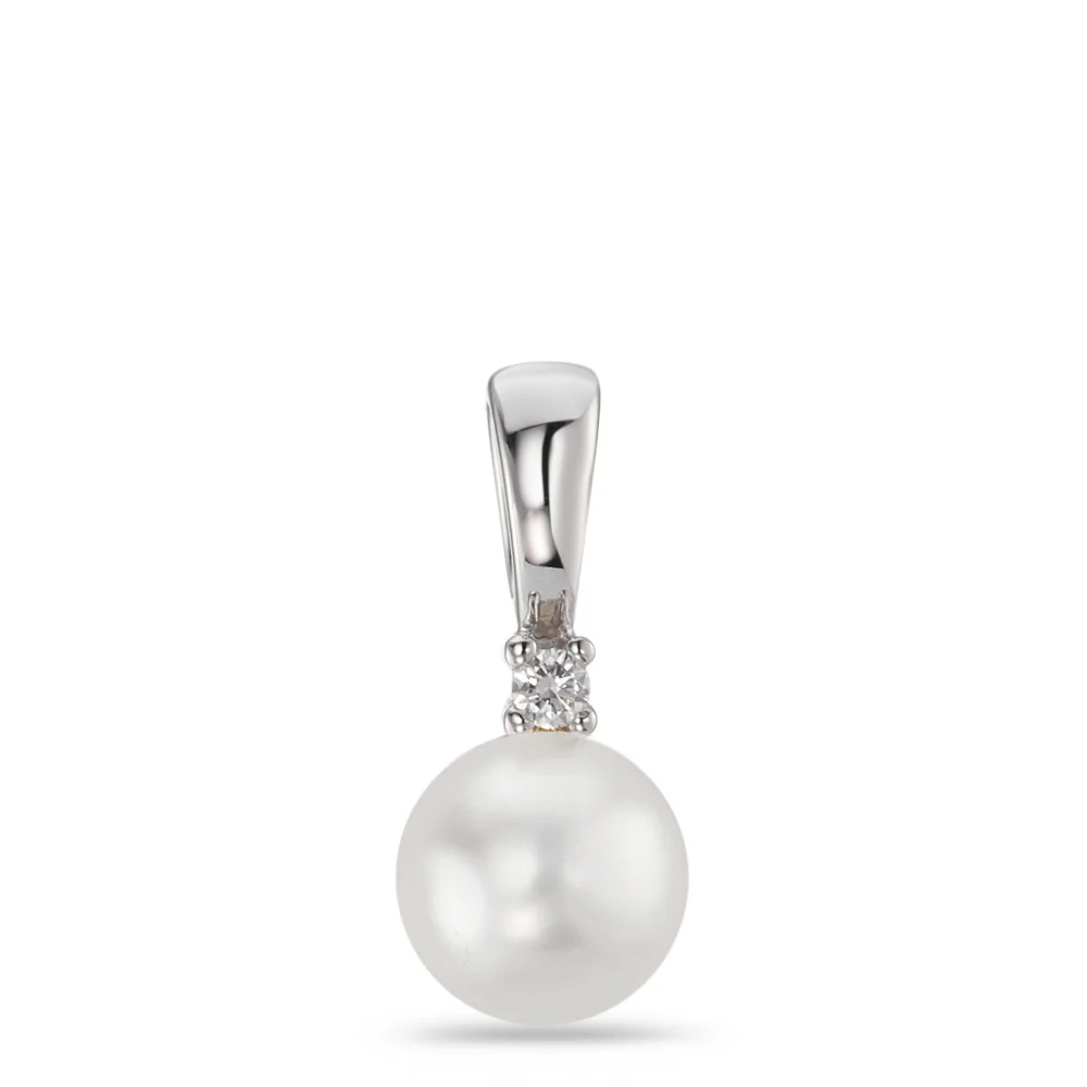 Ciondolo Oro bianco 750/18 carati Diamante bianco, 0.025 ct, [Brillant], w-si Perla coltivata d'acqua dolce bianco, 7 mm