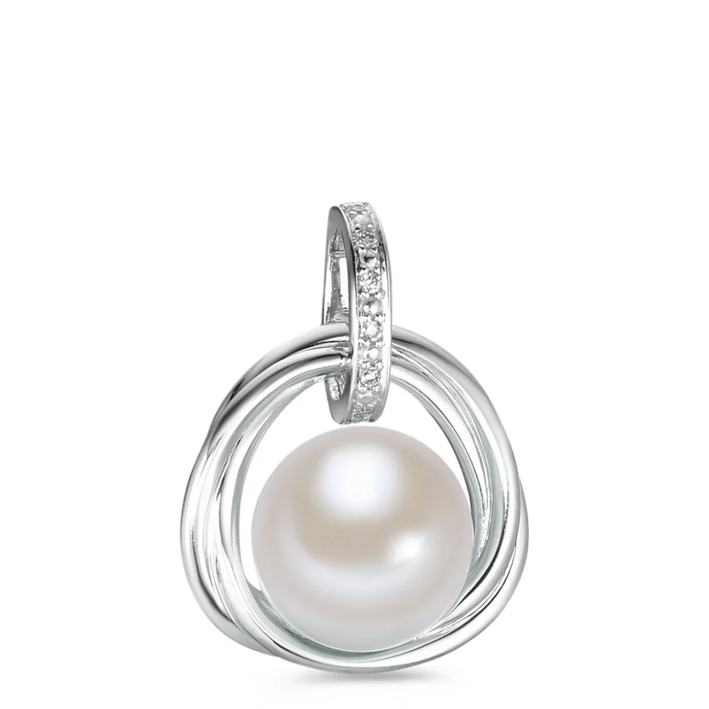 Ciondolo Oro bianco 750/18 carati Diamante bianco, 0.03 ct, 6 pietra, [Brillant], w-si Perla coltivata d'acqua dolce bianco, 9.5 mm