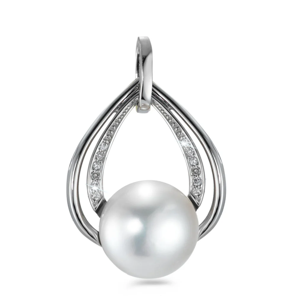 Ciondolo Oro bianco 750/18 carati Diamante bianco, 0.05 ct, 12 pietra, [Brillant], w-si Perla coltivata d'acqua dolce bianco, 12 Perla, 10.5 mm