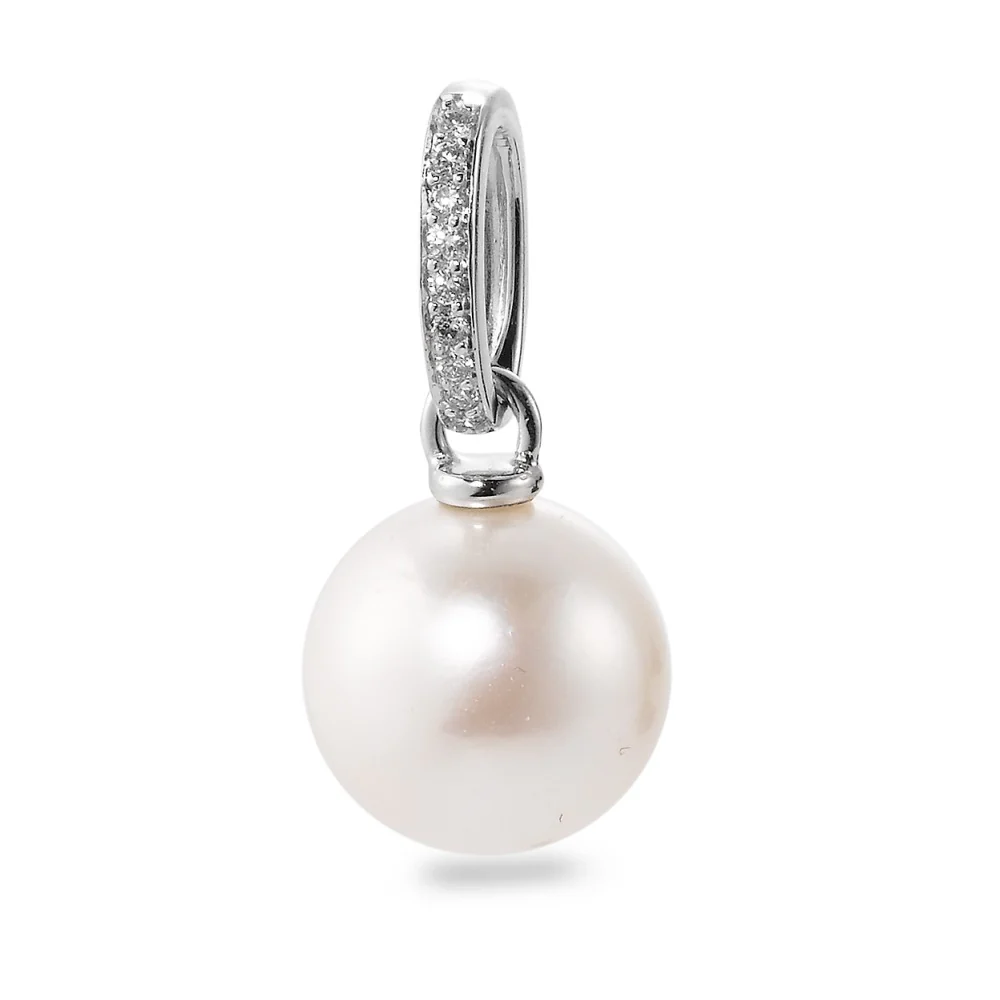 Ciondolo Oro bianco 750/18 carati Diamante bianco, 0.05 ct, 9 pietra, [Brillant], w-si Perla coltivata d'acqua dolce, 10.5 mm