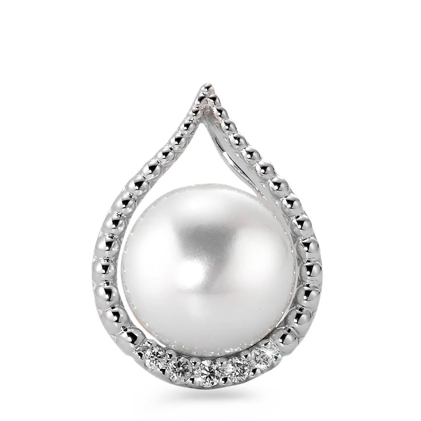Ciondolo Oro bianco 750/18 carati Diamante bianco, 0.06 ct, 5 pietra, [Brillant], w-si Perla coltivata d'acqua dolce bianco, 9.5 mm