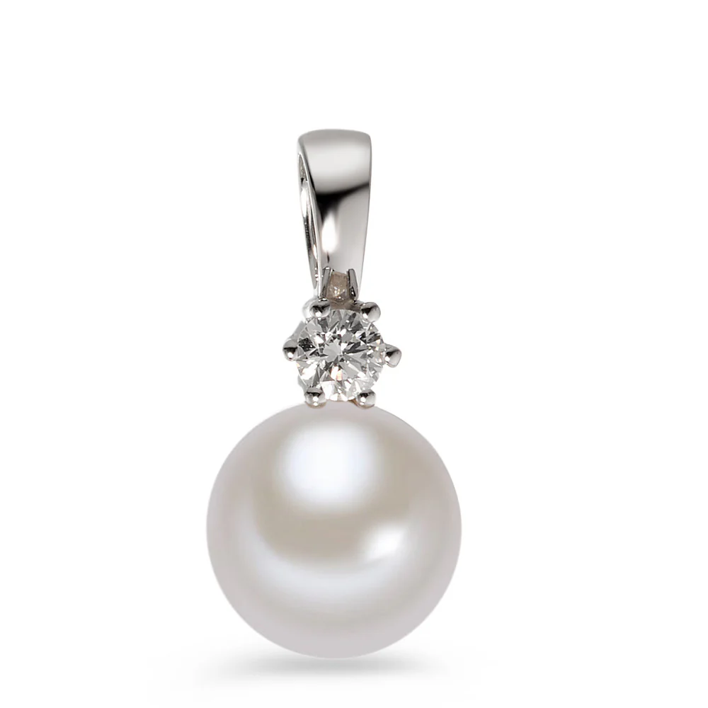 Ciondolo Oro bianco 750/18 carati Diamante bianco, 0.10 ct, [Brillant], w-si Perla coltivata d'acqua dolce bianco, 9 mm