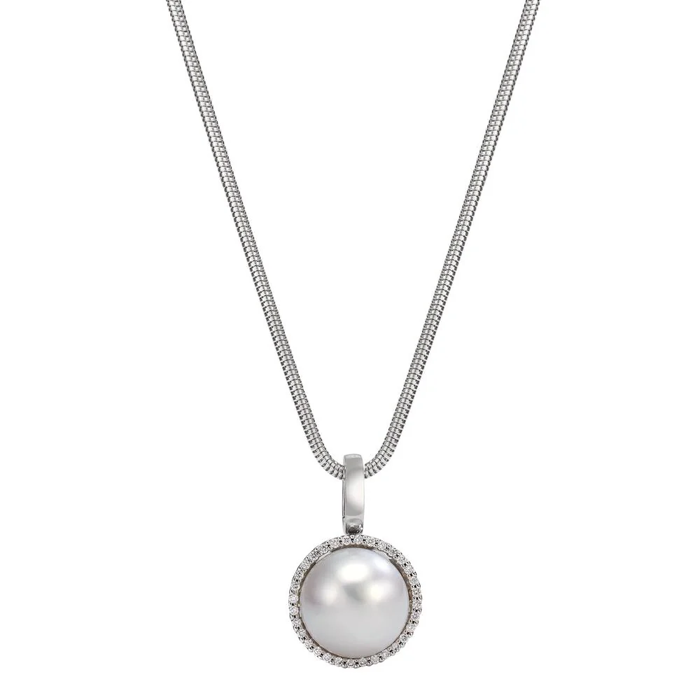 Ciondolo Oro bianco 750/18 carati Diamante bianco, 0.19 ct, 32 pietra, [Brillant], tw-vsi Perla coltivata d'acqua dolce bianco, 12.5 mm Ø16 mm - Image 2