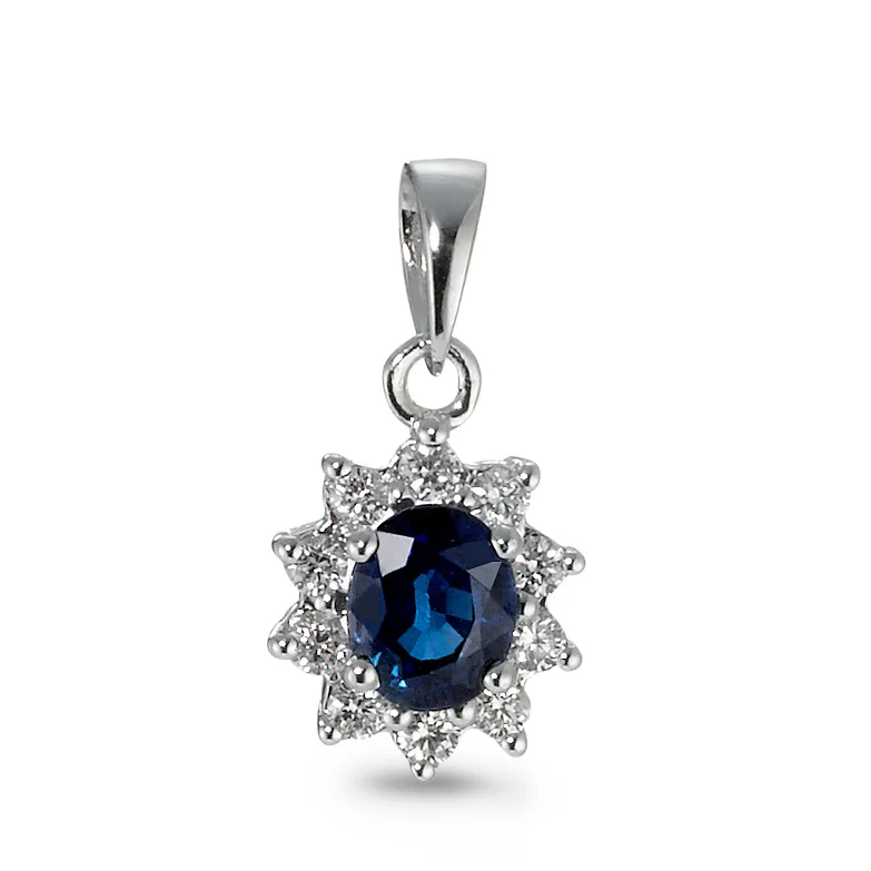 Ciondolo Oro bianco 750/18 carati Zaffiro blu, [oval], Diamante bianco, 0.14 ct, 10 pietra, w-si
