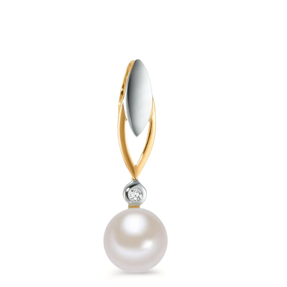 Ciondolo Oro giallo 375/9K Diamante 0.01 ct, w-si Perla coltivata d'acqua dolce bianco 7.5-8 mm