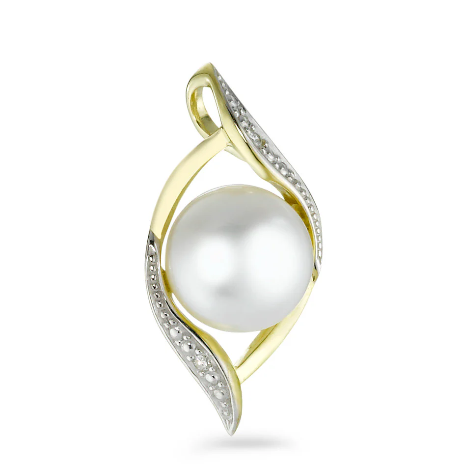 Ciondolo Oro giallo 375/9K Diamante 0.01 ct, w-si Perla coltivata d'acqua dolce bianco, 8 mm