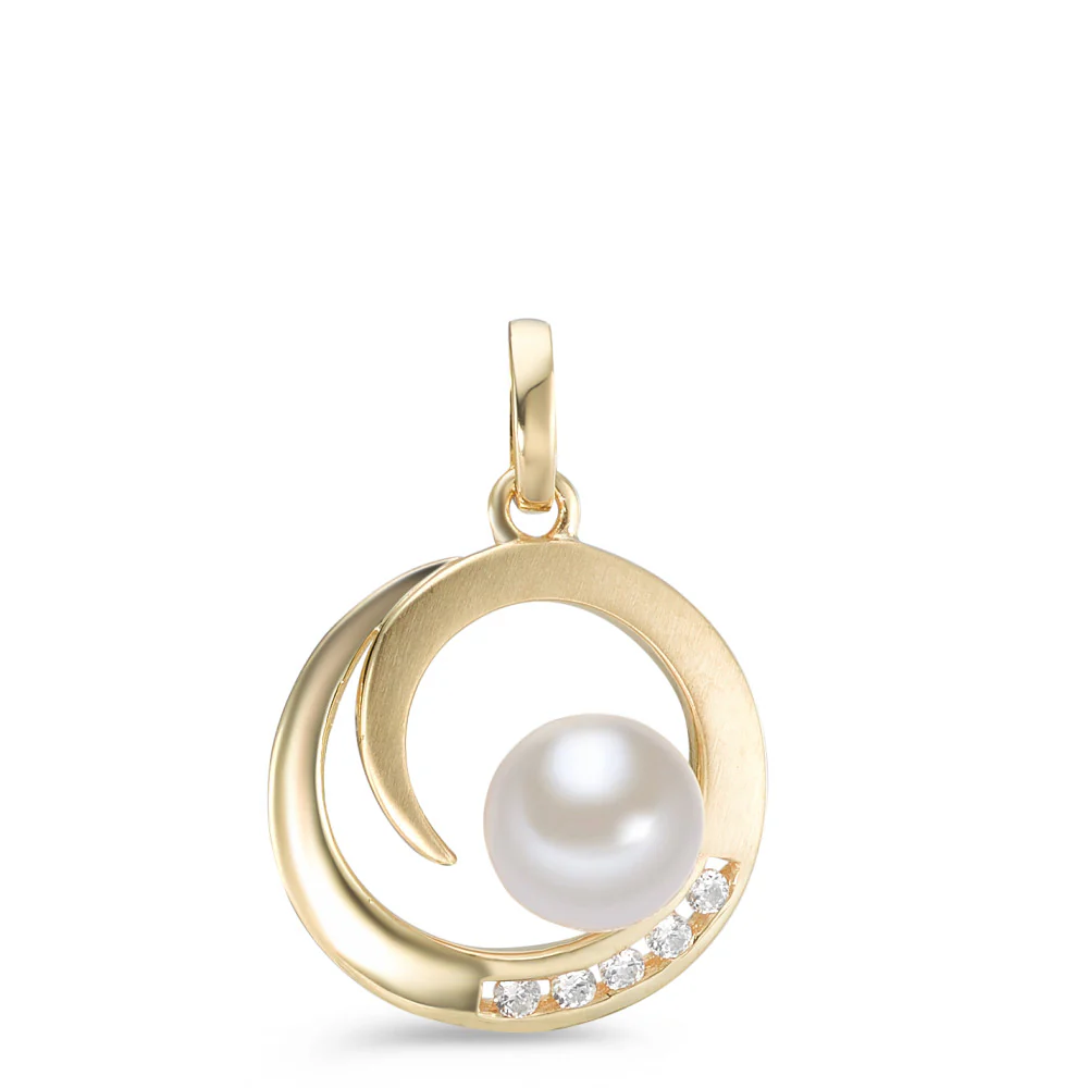 Ciondolo Oro giallo 375/9K Zirconia 5 pietra Perla coltivata d'acqua dolce bianco, 7 mm Ø16 mm