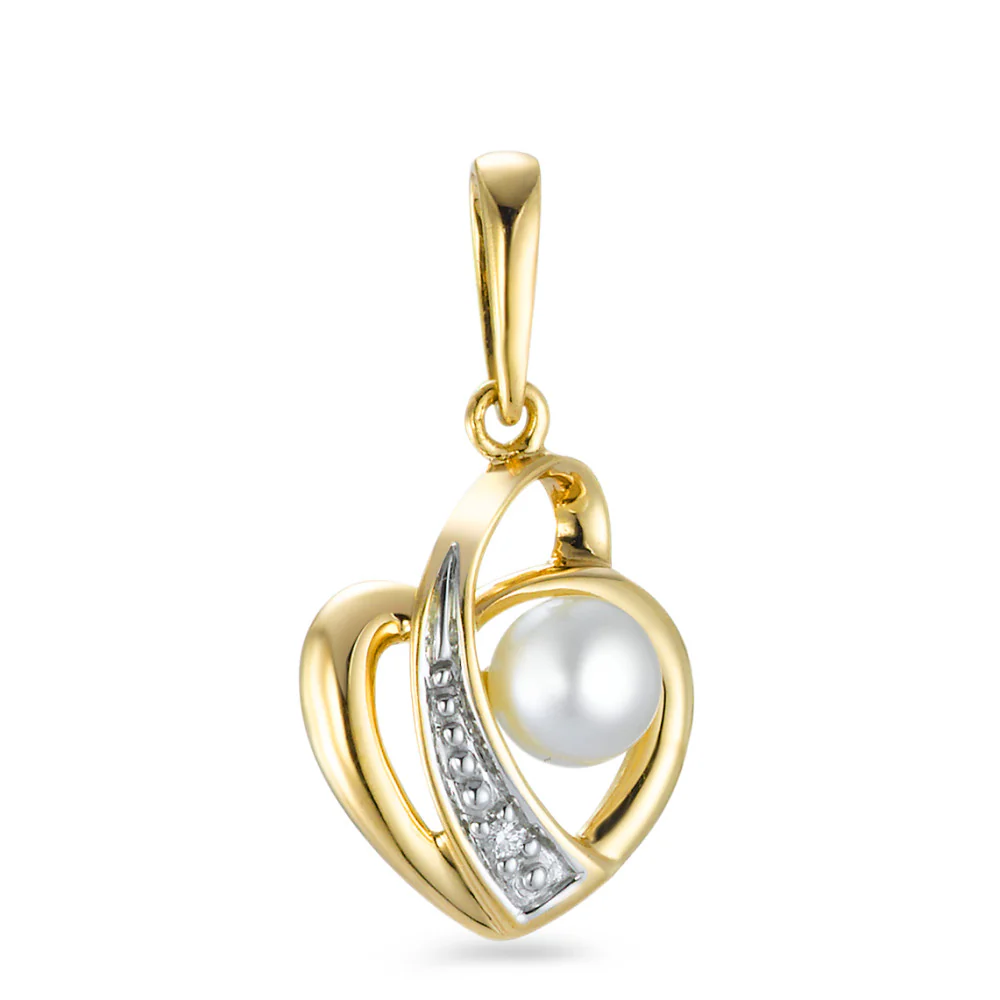 Ciondolo Oro giallo 750/18 carati Diamante 0.005 ct, w-si Perla coltivata d'acqua dolce bianco 4-4.5 mm Cuore