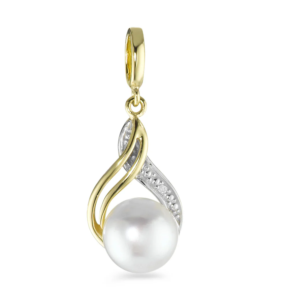 Ciondolo Oro giallo 750/18 carati Diamante 0.005 ct, w-si Perla coltivata d'acqua dolce bianco, 8 mm
