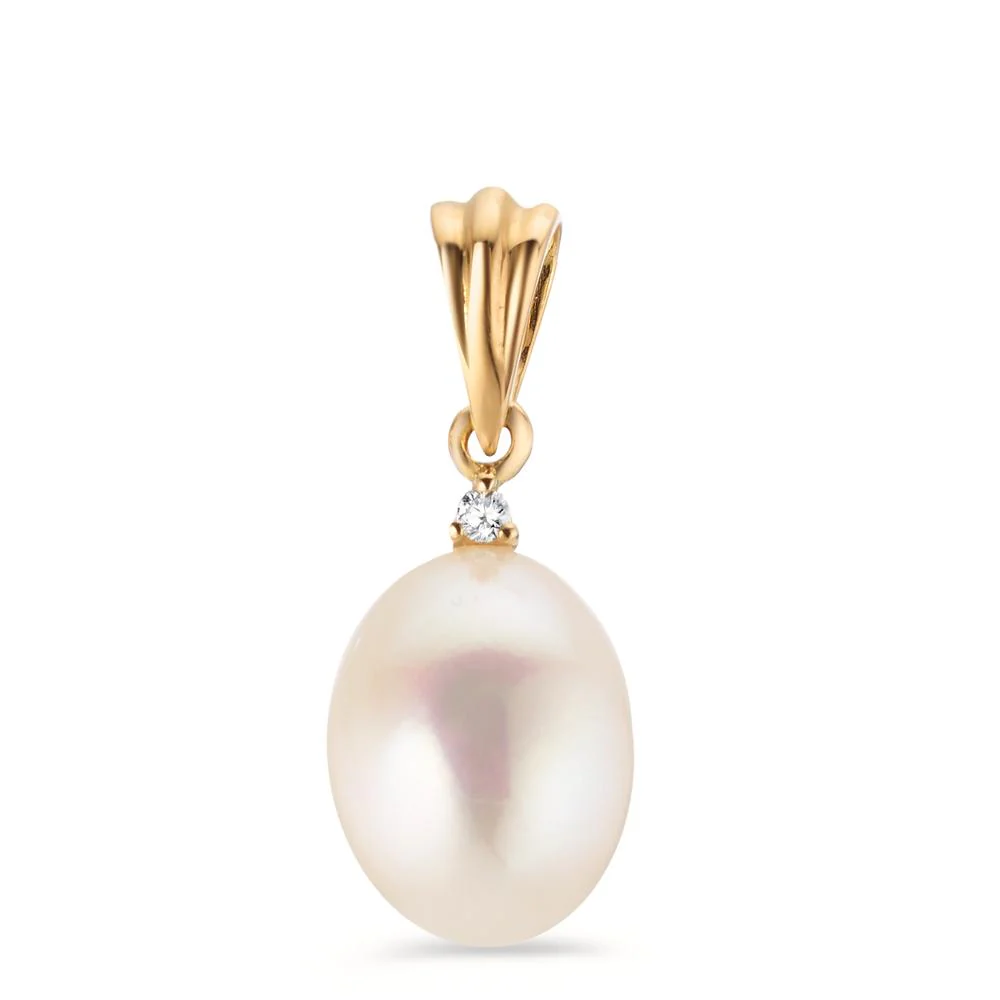 Ciondolo Oro giallo 750/18 carati Diamante 0.015 ct, w-si Perla coltivata d'acqua dolce bianco, 8.5 mm