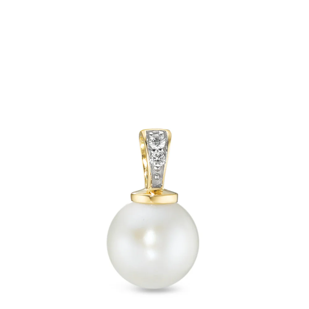 Ciondolo Oro giallo 750/18 carati Diamante 0.025 ct, 2 pietra, w-si bicolore Perla coltivata d'acqua dolce bianco, 8 mm