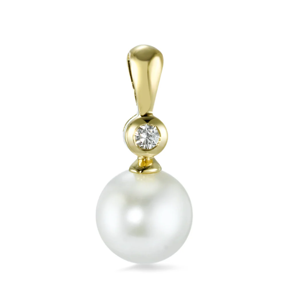Ciondolo Oro giallo 750/18 carati Diamante 0.035 ct, w-si Perla coltivata d'acqua dolce bianco, 8 mm