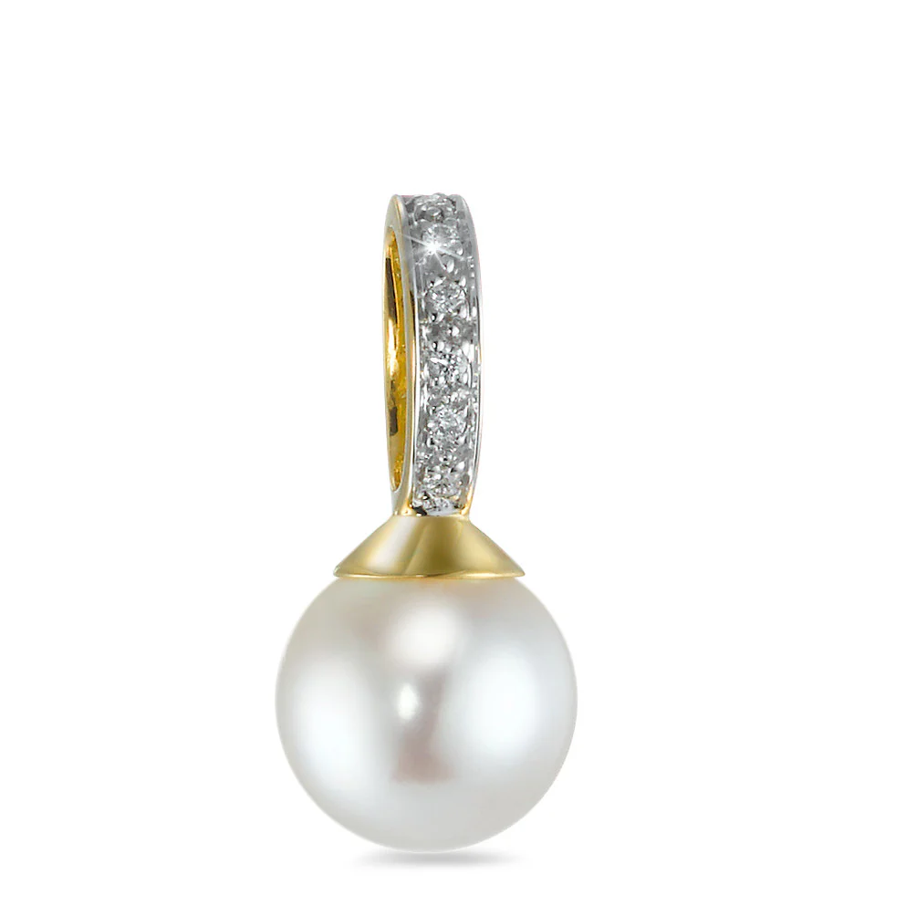 Ciondolo Oro giallo 750/18 carati Diamante 0.04 ct, 6 pietra, w-si Perla coltivata d'acqua dolce, 9 mm